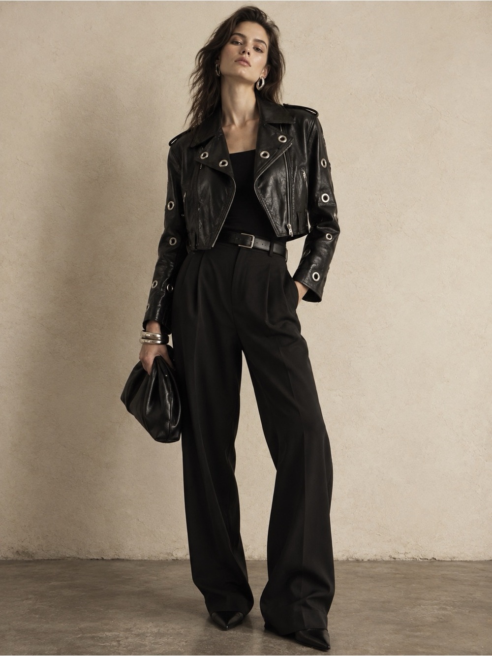 Vintage Black Leather Moto Jacket with Silver Grommets
